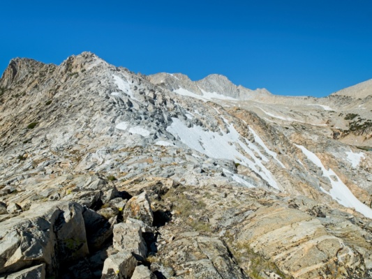 Looking at it now, the climb to the descending spur seems fairly straightforward sierra high route cross country