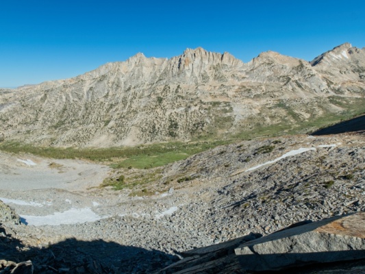 Spiller Creek Canyon stretches out before me with the imposing spires of Whorl Mountain above it sierra high route stanton pass