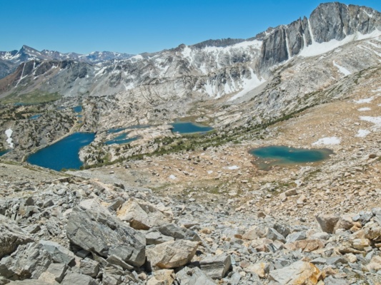 I admire this view of the lakes during the climb to Sky Pilot Col sierra high route cross country