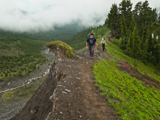 A few miles into the hike we reach the railroad grade, an exciting walk along the edge of a lateral moraine mount baker railroad grade