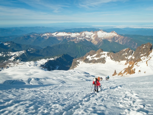 Now that the sun has risen, we really get a good look at the Easton Glacier from the top of the Roman Wall mount baker easton glacier