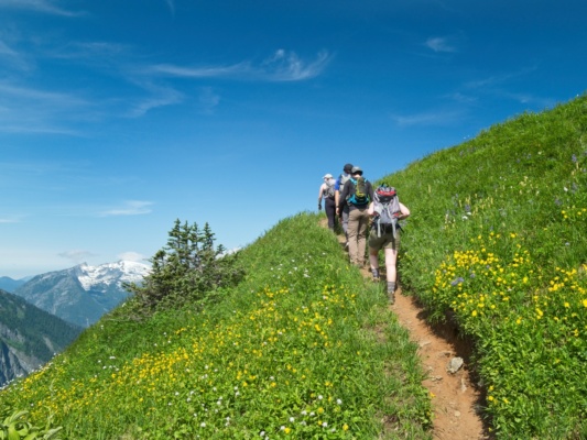 Kirsten, Josh, Carson, and Katie climb higher into the mountains cascade pass sahale glacier