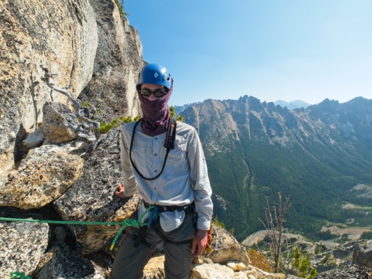Yours truly waiting to climb the third pitch; photo credit: Matt B. beckey route liberty bell