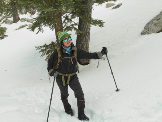 Kim decked out in microspikes, gaiters, and plenty of layers san jacinto winter hiking