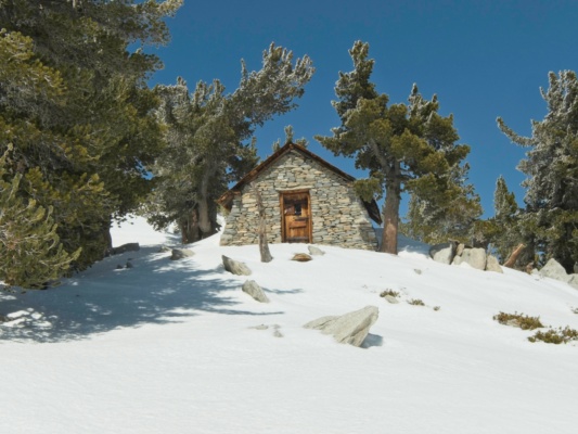 A small cabin provides shelter from the cold wind san jacinto summit cabin
