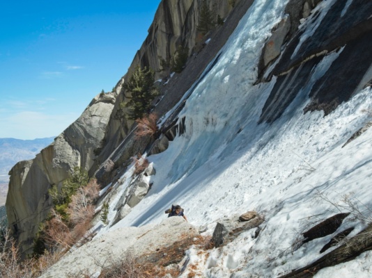 We hurry past the ice to avoid being crushed by a falling block mount whitney mountaineers route
