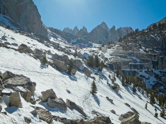 We follow the boot track that traverses the slope above Lower Boy Scout Lake mount whitney mountaineers route