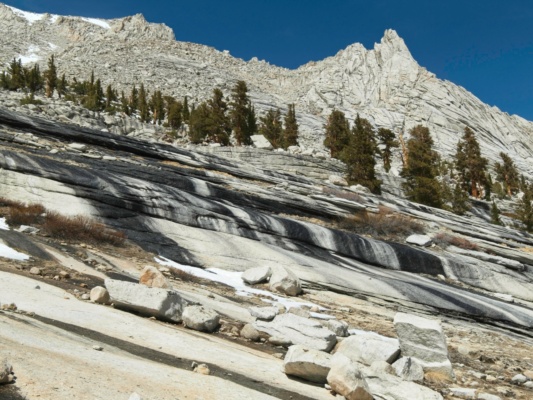 Meltwater flows down the granite slabs mount whitney mountaineers route slabs