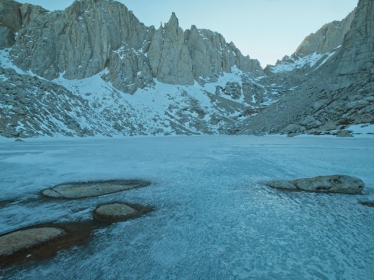 The lake is frozen over, but the outlet provides a source of running water mount whitney mountaineers route upper boy scout lake