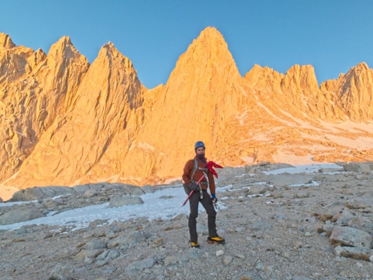 Josh snaps a photo of me in front of our objective: Mount Whitney mount whitney alpenglow
