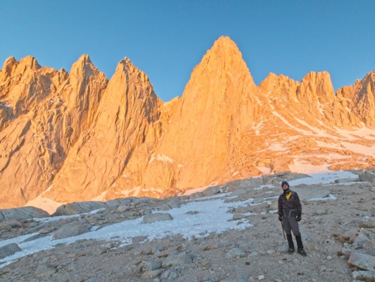 Josh poses in front of the Mount Whitney massif mount whitney alpenglow