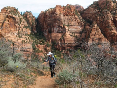 Diane ascending the trail into Hop Canyon zion national park hop canyon trail