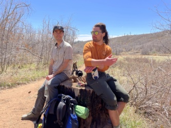 I chat with Sam on a perfect stump-seat in Potato Hollow zion national park potato hollow