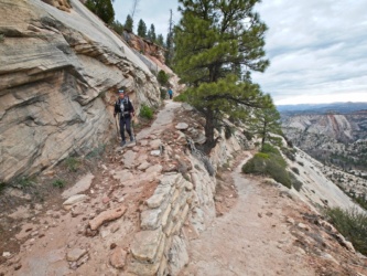 The trail is carved into the edge of the cliff zion national park west rim trail