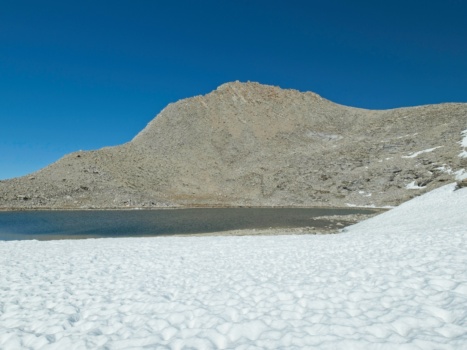 A nice view of Polychrome Peak from the lakeshore; we climbed up that ridge on the left and came down the more gradual right-side polychrome peak