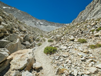 The trail winds through huge talus moraines on the way up to Shepherd Pass shepherd pass