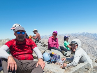 Mike, Cherie, Hans, Liz, Irene, and Judy relaxing on the summit of Mount Williamson mount williamson
