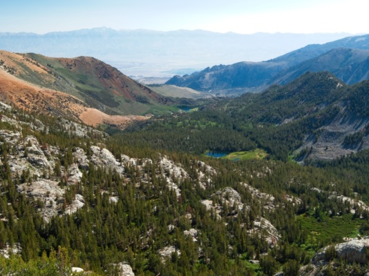 After climbing many switchbacks, I get a great view of Grass Lake and North Lake, with Bishop var down in the valley