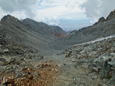 A look down at the talus we have to cross to get back to camp split mountain