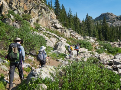 Daniel, Diane, Josh, and Katherine hike up the Highline Trail toward Lester Pass wind river range backpacking