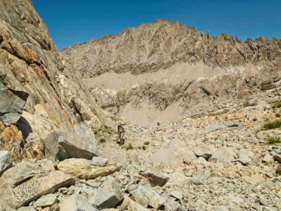 Daryn and Kathy hiking up the rocky wash lion rock northeast chute
