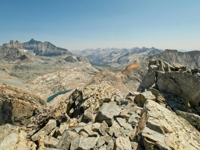 A view out into Nine Lakes Basin from the summit of Lion Rock; Black Kaweah is the dark peak over on the left lion rock