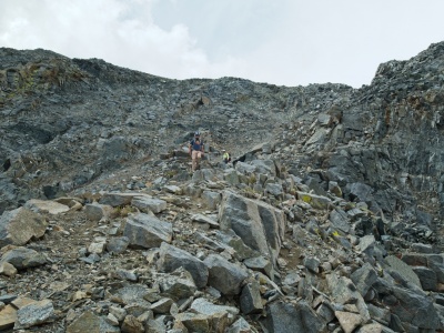Alex and Kim descending from the Sierra Crest split mountain