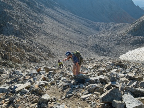 A loose scramble through class 2 talus to the top of the ridge split mountain