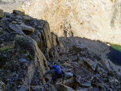 A particularly fun little climbing problem just above Lion Lake Pass. Photo credit: Craig triple divide peak