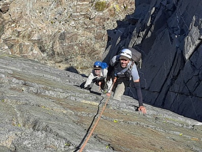 Craig and I climbing up the ramp while Jeff belays. Photo credit: Jeff palisade crest