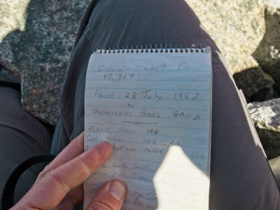 The 74 year-old summit register on Disappointment Peak, placed by the "Occasional Peaks Gang" disappointment peak