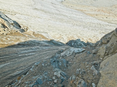 The chute is full of rock-solid ice except for a thin dirt strip on the side middle palisade glacier