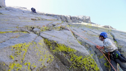 I belay as Jeff leads up the class 4 ramp. Photo credit: Craig mountaineering