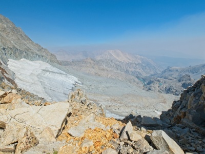 After a stressful hour of climbing ice and then incredibly loose dirt and rocks, we reach the Sierra Crest middle palisade glacier