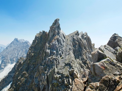 A look back at the ramp and Gandalf Peak, now fully illuminated palisade crest
