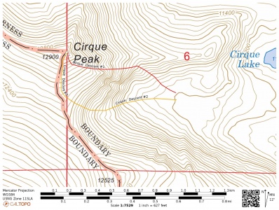 A close-up view of routes to Cirque Peak cirque peak map
