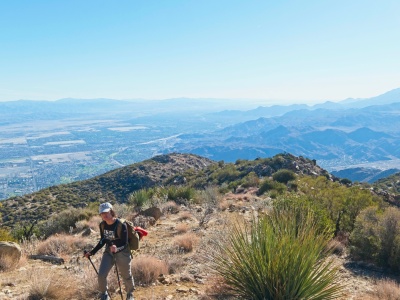 Kim hiking up the Skyline Trail with Palm Springs in the background skyline trail