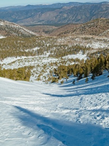Looking down the chute at the zig-zagging footprints san gorgonio north face chute