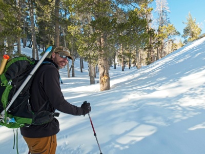 We follow the boot track through the woods above Dry Lake san gorgonio wilderness