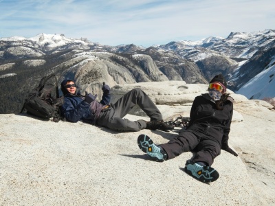 Josh and Kim relax while we wait for the climbers ahead of us half dome