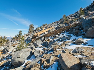 Higher up the peak the snow thins out a bit and I enjoy some straightforward talus-hopping olancha peak