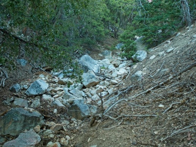 I find it easiest to scramble through the rocks than struggle through the soft, loose soil on the sides of the creekbed tahquitz rock approach