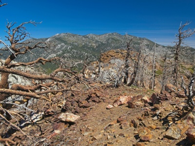 The dark red rocks and charred trees give Red Tahquitz a hellish look red tahquitz