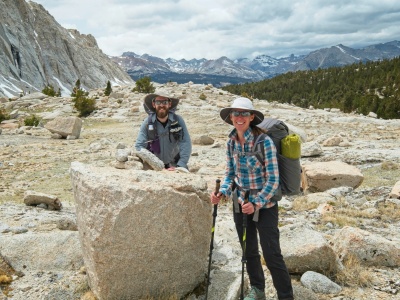 Daniel and Diane pose for a photo in front of the Great Western Divide crabtree lakes
