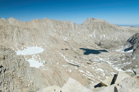 Looking down at Miter Basin from Mount Newcomb - Mount Langley is the tall peak on the right. miter basin