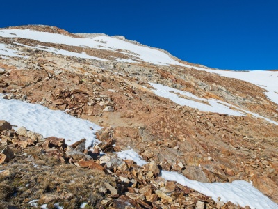 The upper slopes of the climb above Little McGee Lake red and white mountain