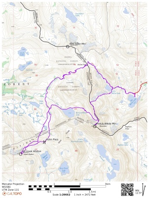A closer view of my route to Red and White Mountain and Mount Izaak Walton. The track that passes through Rohn Pass is the better option in my opinion. red and white mountain map