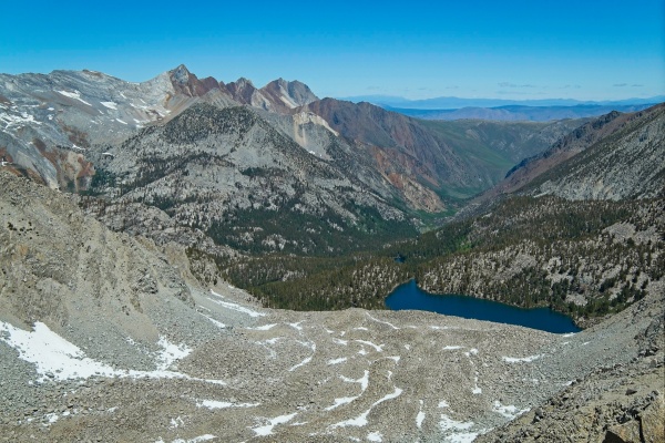 Looking down at the boulder field, Steelhead Lake, and the McGee Creek Canyon steelhead lake