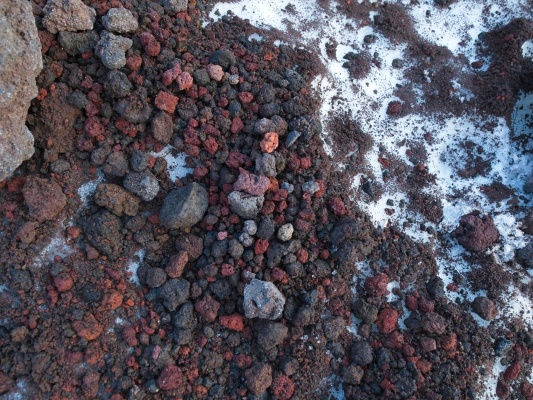 The colorful pumice on top of the snow reminds me of fruity pebbles rocks and snow