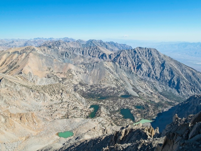 A view down at the many lakes below Kearsage Pass lake basin